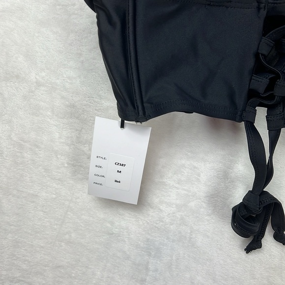 Unique Vintage Black Padded Southampton Ruffle Long Line Corset Swim Bikini Top - Picture 9 of 15